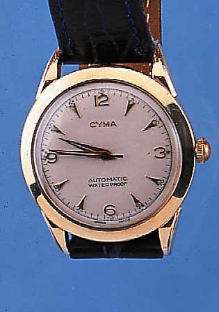 CYMA HERRENARMBANDUHR AUTOMATIK, REF.-NR. 71220-6, SCHWEIZ UM 1952, METALL M. GG-AUFL., EDELST.-SCHR.-BODEN, LEDERB. M. DOPPELTER ...