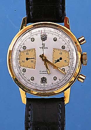 YEMA ARMBANDCHRONOGRAPH, REF.-NR. 491242, SCHWEIZ UM 1966, METALL HARTVERG., EDELST.- BODEN GESCHR., 45-MIN.-STOPPZäHLER, TACHYME- ...