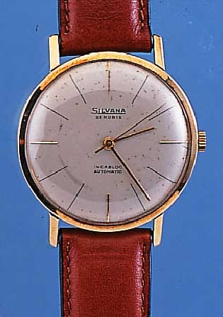 SILVANA HERRENARMBANDUHR AUTOMATIK, REF.-NR.11015, SCHWEIZ UM 1960, GG 585/000, BODEN U. GLASR. GEDR., BAND NEU, BLATT L. FL., 21 ST., WERK VERG., ...