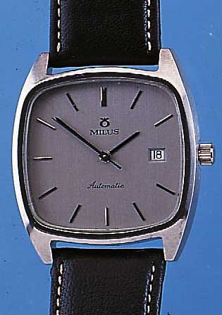 MILUS HERRENARMBANDUHR AUTOMATIK, REF.-NR. 30-198, SCHWEIZ UM 1975, EDELST.-STüLPGEH., MINERALFLACHGL., 25 ST., ZENTRALROTOR KUGEL- GEL., AS ...