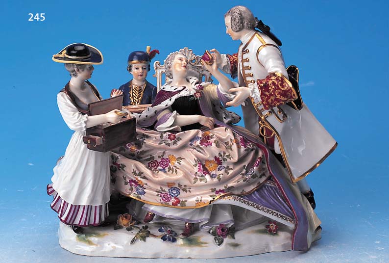 FIGURENGRUPPE, MEISSEN, UM 1880, 1. WAHL, PORZELLAN, 22 X 26 X 18 CM, DIE SCHMUCKVER- KäUFERIN BEIM MONARCHENPAAR, VIER FIGUREN, ...