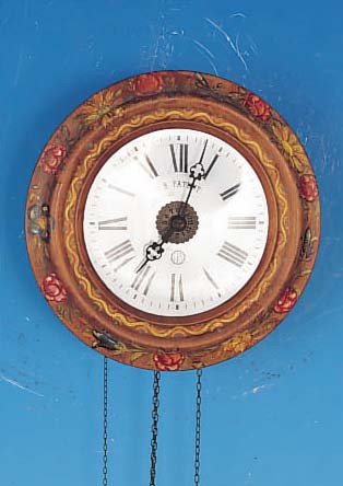 WANDUHR MIT WECKER, L. FURTWäNGLER IN FURT- WANGEN, UM 1900, SEK. BEMALTER HOLZREIF, GLASZIFFERBLATT, HOLZPLATINENWERK, ORIGINAL- TüREN, ...