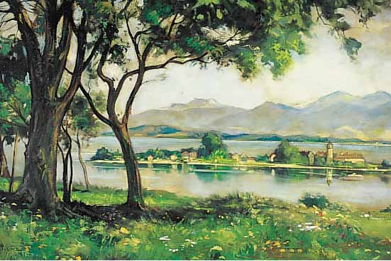 WEBER, WILLI, 1895 LUDWIGSHAFEN - 1959, CHIEMSEE MIT FRAUENINSEL, HAUPTWERK, SIGNIERT ÖL/LWD., DAT.1923, 71 X 100 CM