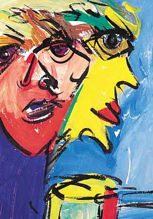 KEIL, PETER, DOPPELPORTRäT MIT GLAS, ACRYL AUF MALKARTON, SIGN., CA. 61 X 31 CM, R.