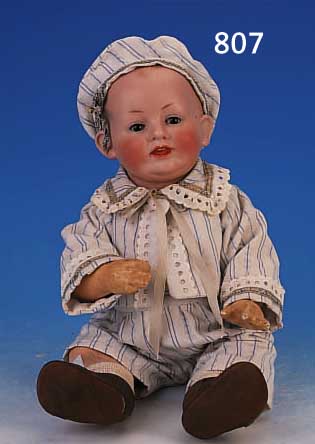 PORZELLANKOPFPUPPE, F.S. & CO 1271/257 DEP., UM 1910, MASSEBABYKöRPER, H. 36 CM, VOLLKOPF, SCHLAFAUGEN, OFF./GESCHL. MUND, SELTEN AN EINER ...