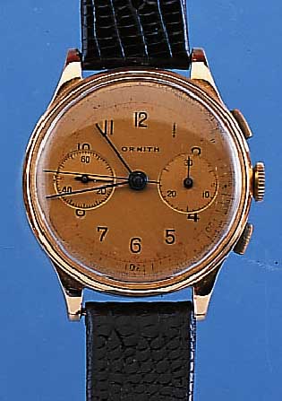 ORNITH ARMBANDCHRONOGRAPH, REF.-NR. 12194, SCHWEIZ UM 1948, ROSE-G. 750/000, BODEN U. GLASR. GEDR., ORIG.-BLATT, AUFDR. UM TELE- BZW. ...