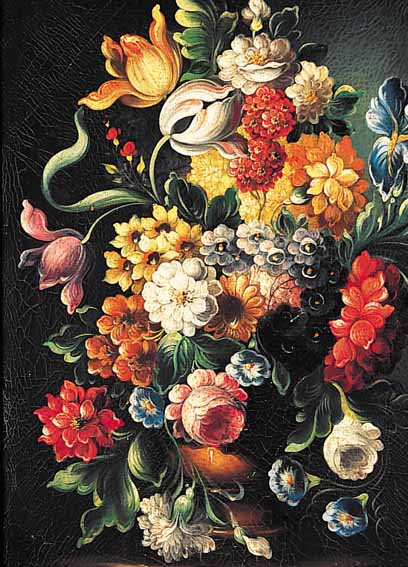 FRANZöSISCHE SCHULE D. 18. JH., PRACHTVOLLESBLUMENSTILLEBEN MIT TULPEN, ROSEN UND LILIEN, ÖL/LWD. (DOUBL.), UNSIGN., 51 X 41 CM, R.