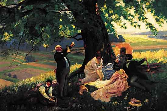 LEHMANN, WIHELM LEONHARD, *1877 SCHLESIEN - 1954 ERGOLDSBACH, WIRKTE IN MüNCHEN, HIER: MäNNER UND FRAUEN BEIM SOMMERLICHEN PICKNICK UNTER ...
