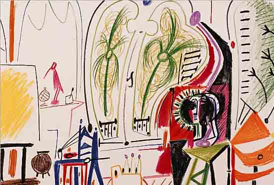 PICASSO, PABLO, L'ATELIER EN CALIFORNIE, FARBLITHOGRAPHIE AUS PICASSO'S SKETCHBOOK, CERCLE D'ART PARIS 1960, CA. 26,5 X 41,5 ...