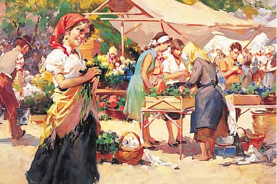 VIZKELETI, W., UNGARISCHER KüNSTLER WOHL 1. HäLFTE 20. JH., VIELFIGURIGER BLUMENMARKT, ÖL/LWD., SIGN., 50 X 70 CM, R.
