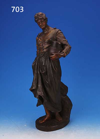 SKULPTUR, GOLDSCHEIDER, UM 1900/10, TERRA- KOTTA, H. CA. 59 CM, FRAU MIT KRUG UND EIMER, GEMARKT, REST.