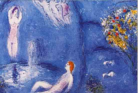 CHAGALL, MARC, DREI FARBOFFSETS AUS DAPHNIS UND CHLOE, ED. G. BRAZILLER NEW YORK 1977, DOPPELBLäTTER MIT BUGFALTEN, JE CA. 32 X 48 CM