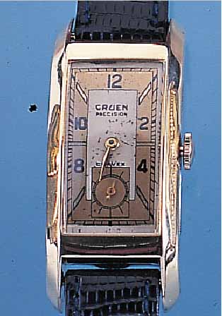 GRUEN CURVEX HERRENARMBANDUHR PRECISION, REF.-NR. 501-324, SCHWEIZ/USA UM 1938, METALL M. GG-AUFLAGE, EDELST.-BODEN GEDR., GEZ. RECT.-FORM ...
