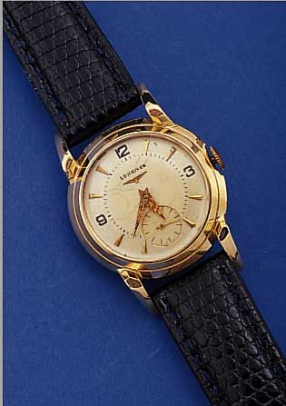 LONGINES HERRENARMBANDUHR, REF.-NR. A35253, SCHWEIZ/USA UM 1948, GG 585/000, BODEN GEDR., BET. BANDANST., ZIFFERBL. REST./L. FL., 17 ST., ...