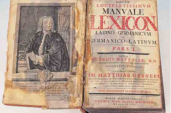 LEXIKON: NOVUM LOCUPLETISSIMUM MANUALE LEXICON LATINO-GERMANICUM ET GERMANICUM- LATINUM, BIERWIRTH MAGDEBURG 1749, VORSATZ- BLATT ...