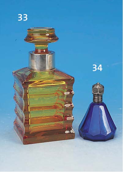 KARAFFE, WMF, 30ER JAHRE, GELBES GLAS MIT SILBERMONTUR, H.18 CM