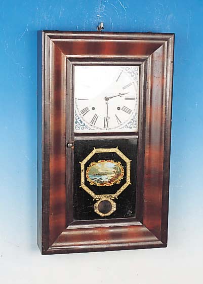 WANDUHR, WATERBURY-CLOCK, USA, UM 1900, HOLZGEHäUSE M. PROFILIERTEM RAHMEN, METALL- ZIFFERBLATT SEK. BEMALT, SKELET. MESSINGPLA- TINENWERK ...