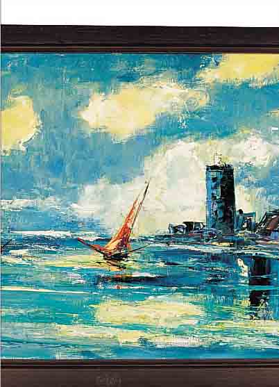 LAUTH, ROBERT, GEB. 1898 LUDWIGSHAFEN, KüSTENANSICHT MIT SEGELBOOTEN, ÖL/LWD, RE.U. SIGN., CA. 30,5 X 60,5 CM, R.