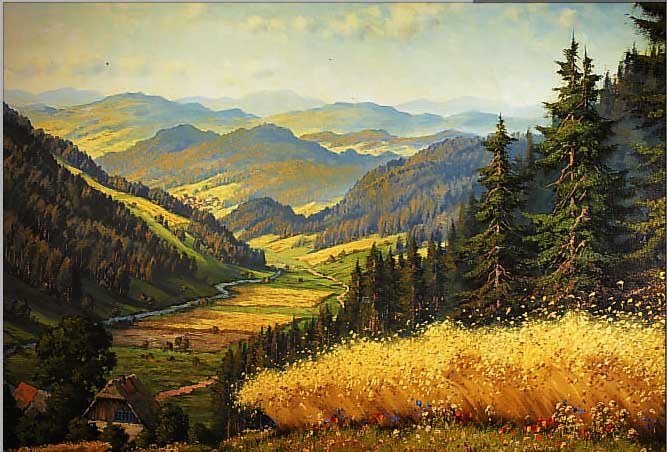 HANFT, WILLY, 1888 HANNOVER-1987 NüRNBERG, HüGELIGE LANDSCHAFT MIT REIFEM KORNFELD, ÖL/ LWD, RE. U. SIGN., CA. 70 X 100 CM, R.