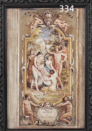 GROßE PLATTE, WOHL FRANKREICH, UM 1900, KERAMIK, 35 X 22 CM, Z.T. LEICHT BERIEBEN BZW.VERKRATZT, HOLZRAHMEN, SIGNIERT, HANDBEMALT