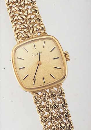 TISSOT DAMENGOLDBANDUHR, REF.-NR. 6344, SCHWEIZ UM 1972, GG 585/000-GEH. INCL. GG- FLECHTBAND, BODEN GEDR., MATT., VERG. BLATT M. AUFGES. ...