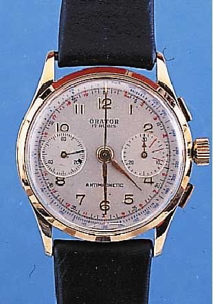 ORATOR ARMBANDCHRONOGRAPH, REF.-NR. 1660, SCHWEIZ UM 1948, GG 585/000, BODEN U. GLASR. GEDR., VERS. ORIG.-BLATT, ALTERSBED. L. FL., ...