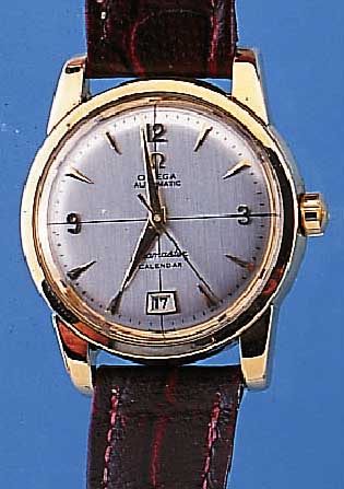 OMEGA HERRENARMBANDUHR SEAMASTER-CALENDAR, REF.-NR. 2757-2-SC, SCHWEIZ UM 1953, EDELST., GG-HAUBE, BODEN U. GLASR. GEDR., VERS. BLATT, AUFGEL. ...