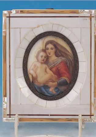 MINIATURMALEREI, 20. JH., ÖL/ELFENBEIN, L. 7 CM, MADONNA MIT KIND, RAHMEN MIT PERLMUTT