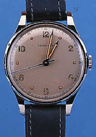 LONGINES HERRENARMBANDUHR, REF.-NR. 23314/76, SCHWEIZ UM 1946, EDELST., BODEN U. GLASR. GEDR., SCHöNER ORIG.-ZUSTAND, BLATT VERS., L. ...