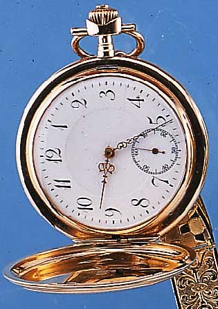 MRC/HALBMOND HERRENTASCHENUHR SAVONETTE, SCHWEIZ UM 1920, RG 585/000, BEIDE SCHALEN STRAHLENDEKOR, MONOGR. ENTFERNT, EMAILBL. FEINHAARR., ...