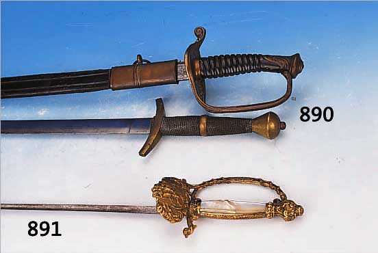 DIPLOMATENDEGEN, UM 1880/90, MESSING, KLINGEDAMASTIERT, KORR., GRIFF MIT PERLMUTTEIN- LAGEN, L. CA. 90 CM