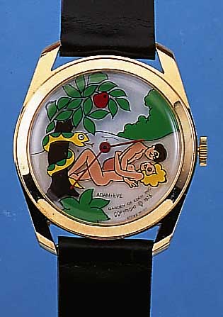 EROTICWATCH ADAM & EVE (GARDEN OF EDEN), COPYRIGHT 1975, EINDEUT. BEWEGL. EROTISCHE SZENE, METALL VERG., BODEN VERCHR., GEDR., SCHWEIZER ...