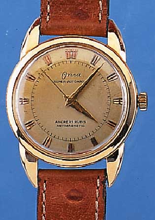 ONSA HERRENARMBANDUHR SUPERAUTOMATIK, REF.- NR. 1128, SCHWEIZ UM 1954, GG 750/000, BODEN GESCHR., BET. BANDANST., VERG. BLATT ALTERS- BED. L. FL., ...