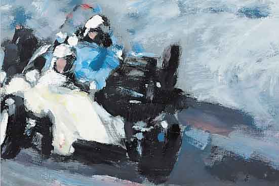 KäROS, ZEITGENöSSISCHER MALER, ZWEI RENN- WAGEN, ÖL/LWD, RE. U. SIGN., CA. 35 X 80 CM, R