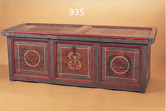 TRUHE, PFALZ, UM 1830-40, WEICHHOLZ BUNT GEFASST, FASSUNG LEICHT AUFGEFRISCHT, CA. 60 X 164 X 69 CM