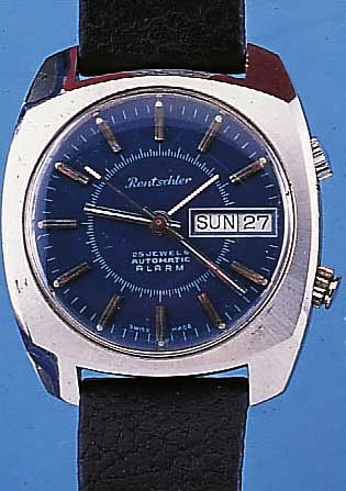 RENTSCHLER ARMBANDWECKER AUTOMATIK, SCHWEIZ UM 1970, METALL HARTVERCHR., EDELST.-BODEN GEDR., TAG U. DATUM, 25 ST., AS BASISKAL. 5008, ...