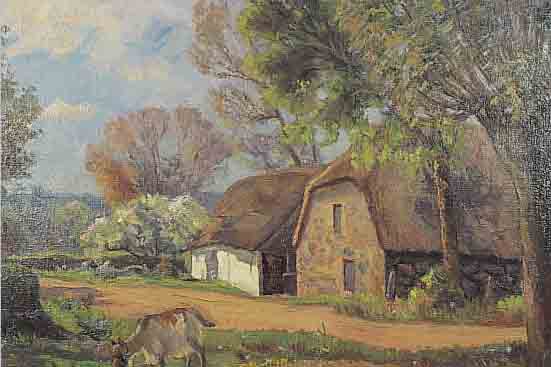 AABRINK, AXEL, DäNEMARK, 1877, BAUERNKATEN IM FRüHLING, ÖL/LWD., L. U. SIGN., MAßE 50 X 72 CM, RAHMEN