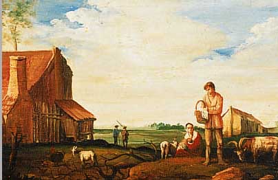 COPTIFIELD, J. O. ä., KüNSTLER DES 19. JH., JUNGE BAUERNFAMILIE MIT DEM VIEH VOR DEM HOF. ÖL/HOLZ, SIGN., 23 X 33 CM, R.