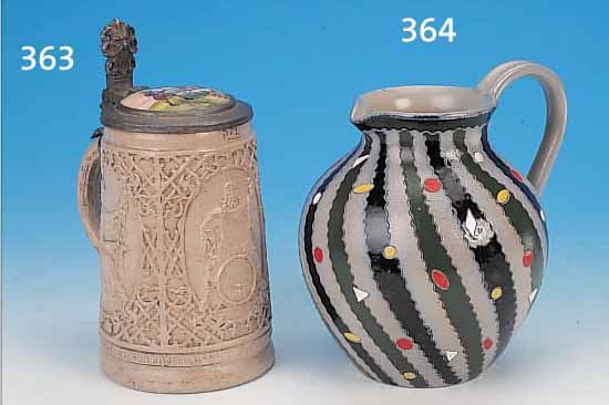 BIERKRUG, PASSAU, ANFANG 19. JH., STEINGUT, RELIEFIERTE DARST. VON BACCHANTEN, KöNIG AUF FAß, SOWIE FORTUNA DEREN FüLLHORN MIT GERSTE GEFüLLT ...