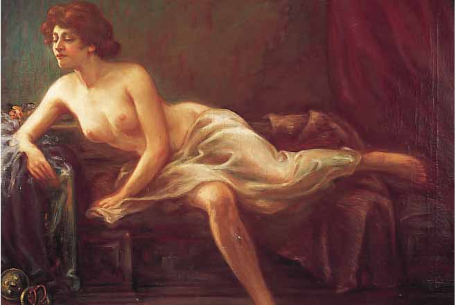 HEICHELE, KARL, NüRNBERGER KüNSTLER UM 1900,AUF SOFA AUSGESTRECKTER FRAUENAKT, ÖL/LWD., SIGN. U. DAT. 1912, 48 X 60 CM, R.