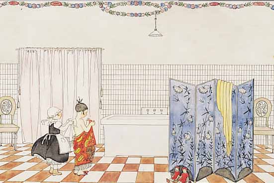 KOEHLER, MELA, WIENER KüNSTLERIN ANFANG 20. JH., NACHGEWIESEN NOCH UM 1930, HIER: ZWEI KLEINE MäDCHEN UND IHRE PUPPEN IM BADE- ZIMMER, ...