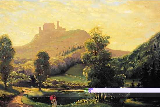 LANGS, JOSEF, DORTMUNDER KüNSTLER, NACH- GEWIESEN UM 1930, HIER: SPAZIERGäNGERIN MIT ROTEM SCHIRM IN ROMANTISCHER BURGLANDSCHAFT, ÖL/LWD., ...