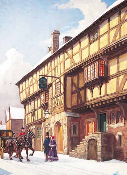 LEIGH, CONRAD, 1883 - 1957, STUDIERTE IN LONDON, WIEN U. AN DER ACADEMIE JULIAN IN PARIS, THE GEORGE-INN NORTON SUMMERSET, HIER: KUTSCHE VOR ...