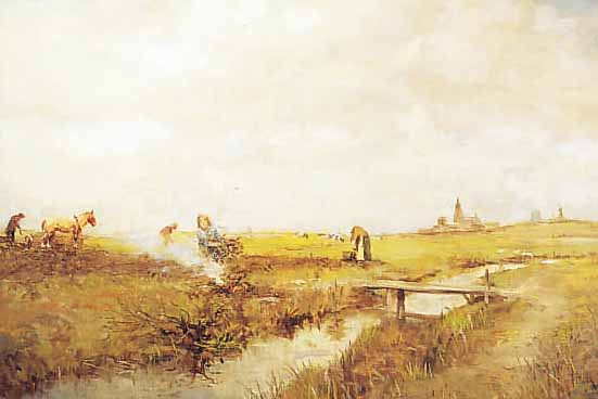 MELCHER, GUSTAV, *1898 DüSSELDORF, SCHUF AUCH IMPRESSIONISTISCHE SCHILDERUNGEN BäUER- LICHEN LEBENS, HIER: BEI DER ERNTE, AM HORI- ZONT ...