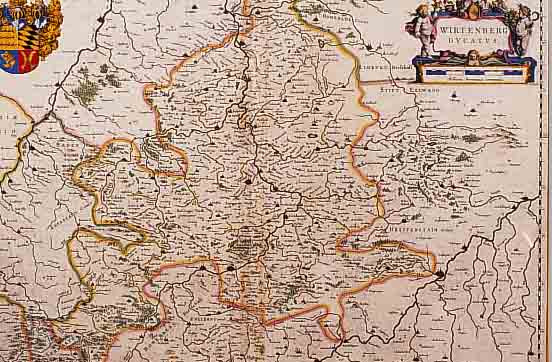 KOLOR. KUPFERSTICHK. V. J. BLAEU, CA. 1650, WIRTENBERG DUCATUS, MIT PRACHTVOLLER KOLOR. KARTUSCHE (WAPPEN LI. O.) SOWIE MIT KOLOR. MEILENMESSER ...