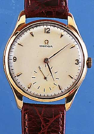OMEGA HERRENARMBANDUHR, REF.-NR. 2620, SCHWEIZ UM 1953, GG 750/000, BODEN U. GLASR. GEDR., D. CA. 38 MM, BLATT PROV. REST., WERK VERG., 15 ...