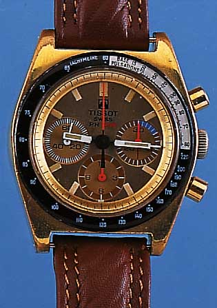 TISSOT ARMBANDCHRONOGRAPH PR516, REF.-NR. 40528-2X, SCHWEIZ UM 1965, METALL HARTVERG., EDELST.-BODEN GESCHR., PULSATIONSSKALA AUF LüNETTE, ...
