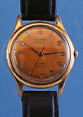 PIERCE HERRENARMBANDUHR AUTOMATIK, REF.-NR. 331175, SCHWEIZ UM 1945, METALL VERG., BER., EDELST.-SCHR.-BODEN, AUßER LEDERB. U. GLAS ...