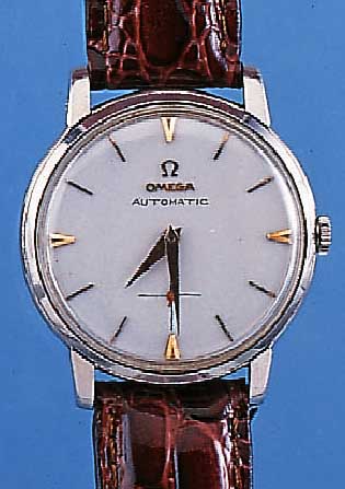 OMEGA HERRENARMBANDUHR AUTOMATIK, REF.-NR. 2864-2, SCHWEIZ UM 1959, EDELST., BODEN U. GLASR. GEDR., BLATT PROV. REST., WERK ROT- VERG., 19 ...