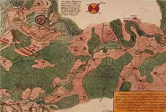 ALTKOLOR. KUPFERSTICH K. V. HOMANN, CA. 1777, VORSTELLUNG DER LINIE, U. INONDATION VONBRUCHSAHL BIS KETSCH WOSELBST DIE INONDATION IN RHEIN ...